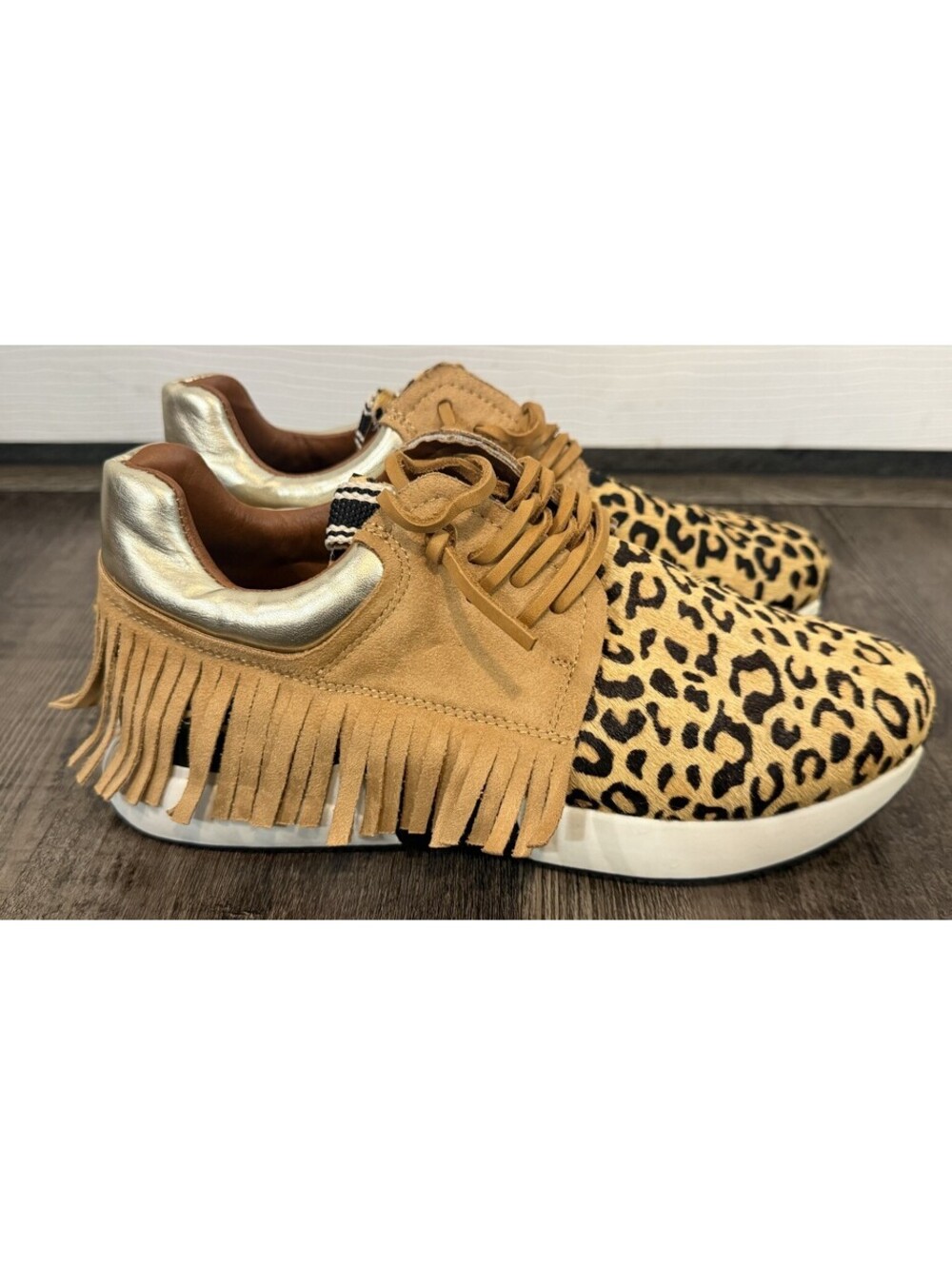 ShuShop Pepa Leopard Tan Fringe Trim Leather Lace Sneakers Size 7.5 Womens